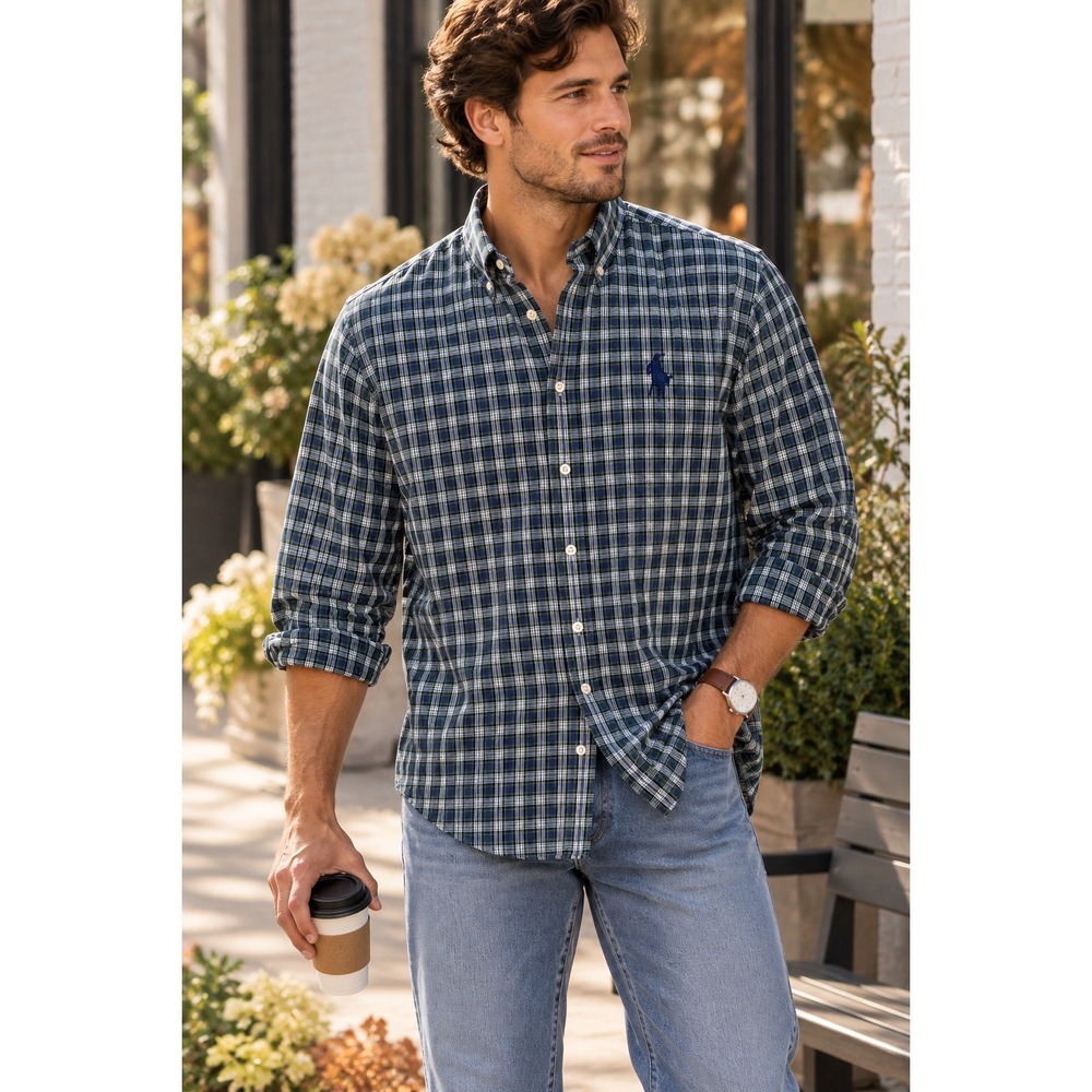 Ralph Lauren Classic Fit Plaid Button Down Shirt Mens 2XB Big Navy Green Cotton